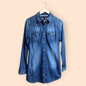 Divine Rights of Denim Y2K Cotton Denim Pearl Snap Oversized Long Line Shirt M